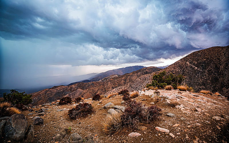 Joshua Tree National Park, California, clouds, sky, hills, usa, HD wallpaper