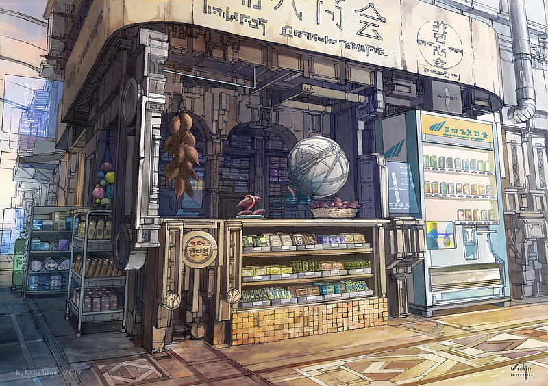 Anime city, vendor, shop, drinks, globe, Anime, HD wallpaper | Peakpx
