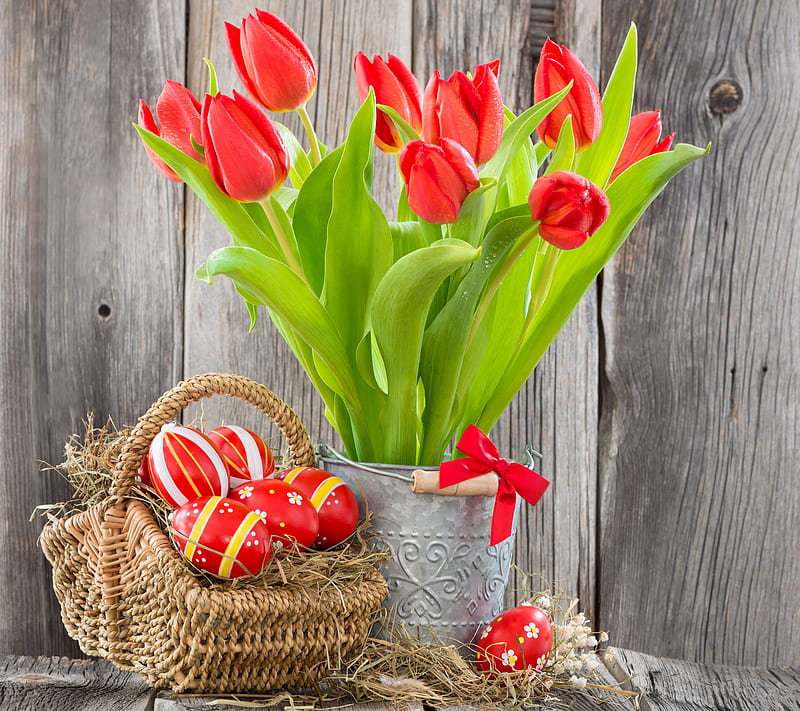 Easter Decoration, basket, decor, decoration, easter, eggs, flowers, red, tulips, HD wallpaper