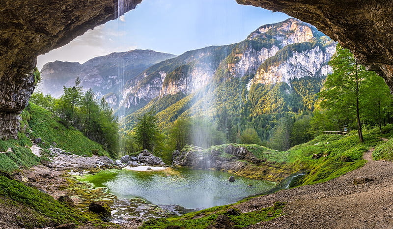 Cave, mountain, watefall, graphy, water, nature, canyon, landscape, HD wallpaper