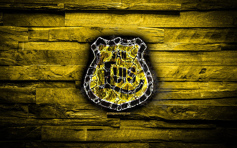 San Luis FC, burning logo, Chilean Primera Division, yellow wooden background, chilean football club, San Luis, grunge, football, soccer, San Luis logo, San Luis Potosi, Chile, HD wallpaper