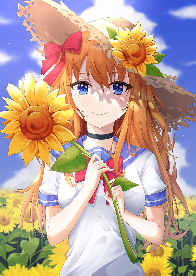 Niña, flor, girasol, verano, anime, arte, Fondo de pantalla de teléfono HD  | Peakpx