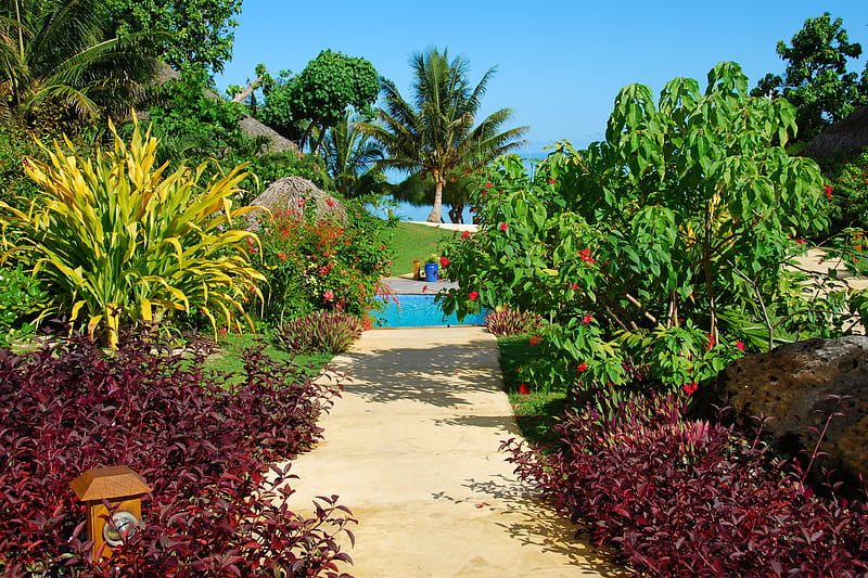Tropical Island Swimming Pool, polynesia, islands, exotic, lush, pool, paradise, gardens, garden, island, tropical, swimming, fiji, south pacific, HD wallpaper