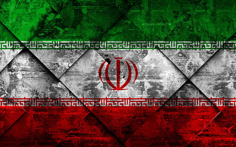 Flag of Iran grunge art, rhombus grunge texture, Iran flag, Asia, national symbols, Iran, creative art, HD wallpaper