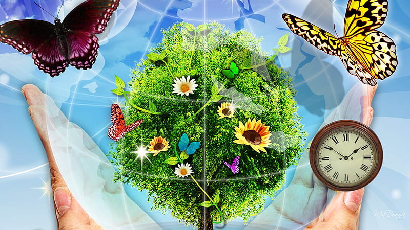 Saving the Green, hands, flowers, clock, firefox persona, butterflies, trees, HD wallpaper