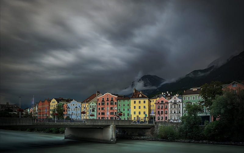 Innsbruck, River Inn, colorful houses, Austria, mountains, storm clouds, HD wallpaper
