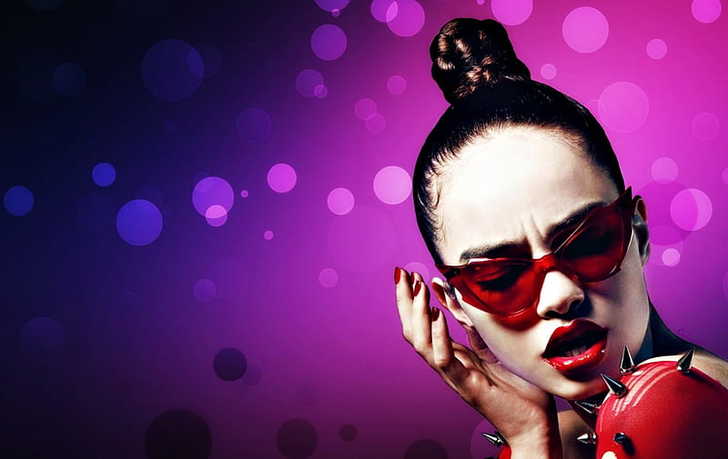 Luma Grothe, red, model, glitter, by cehenot, woman, sunglasses, bokeh, girl, summer, pink, blue, HD wallpaper