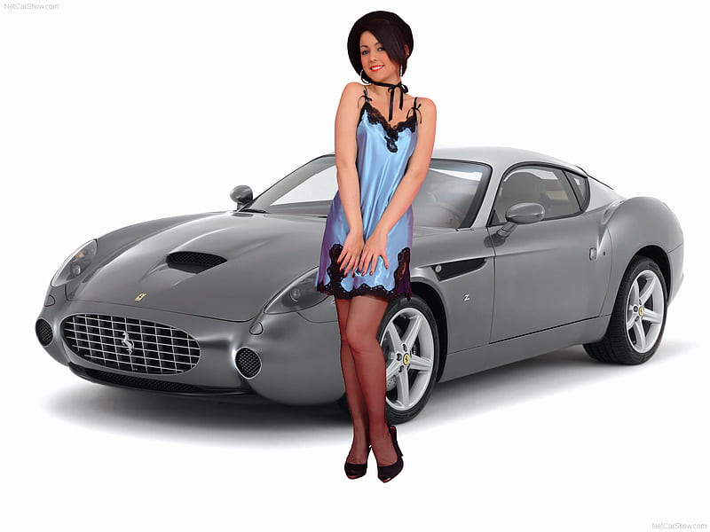 Ferrari 575 and model, satin, stockings, model, ferrari, car, heels, sexy, women, HD wallpaper