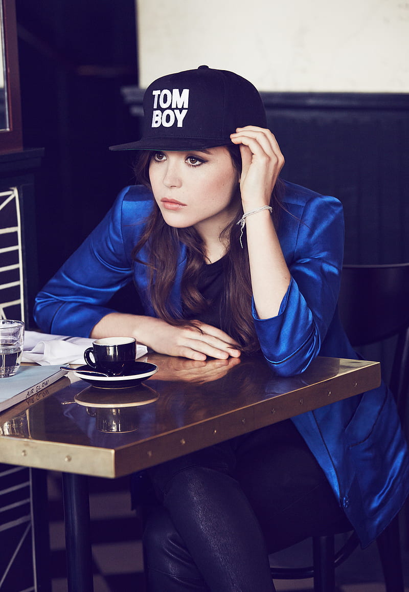 Ellen Page, women, actress, brunette, dark hair, long hair, blue jacket, HD phone wallpaper