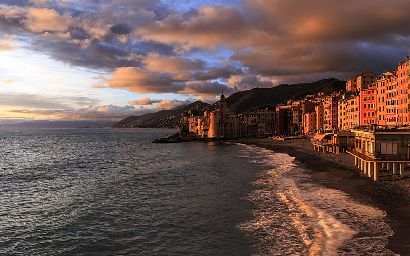 sunset, beach, sea, coast, Camogli, Italy, Liguria, travel, basilica, HD wallpaper