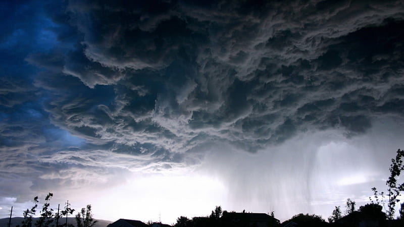 rain storm, town, rain, clouds, sky, storm, HD wallpaper