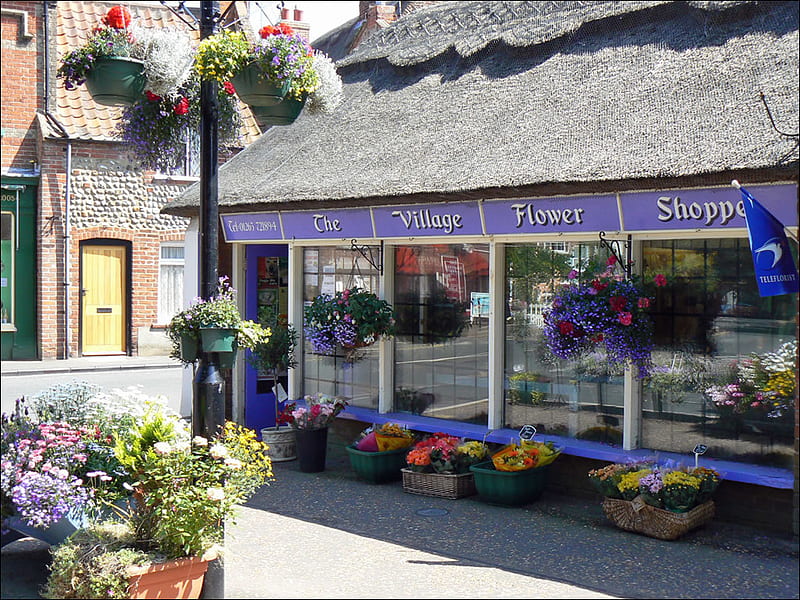 Village Shoppe, building, shop, hanging baskets, flowers, village, HD wallpaper