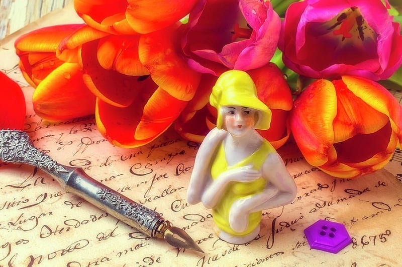 ✿⊱•╮Doll & Tulips╭•⊰✿, lovely still life, colors, love four seasons, bonito, doll, pen, graphy, flowers, nature, tulips, HD wallpaper