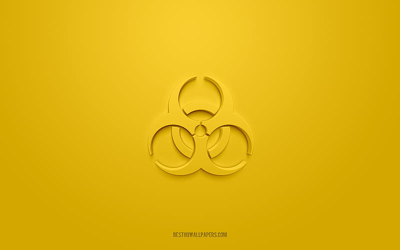 Biohazard 3d icon, yellow background, 3d symbols, Biohazard, Warning icons, 3d icons, Biohazard sign, Warning 3d icons, yellow warning signs, HD wallpaper