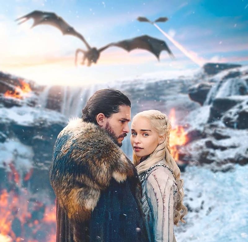 Game of Thrones 2011 - 2019, lovers, kit harington, game of thrones, winter, jon snow, daenerys targaryen, fur, tv series, fantasy, dragon, couple, fire, HD wallpaper