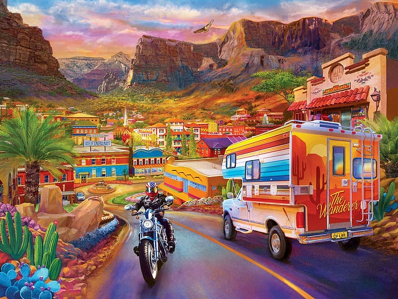 Roadsides of the Southwest - Into the Valley, motorcycle, rocks, houses, painting, street, clouds, sky, camper, mountains, sunset, village, HD wallpaper