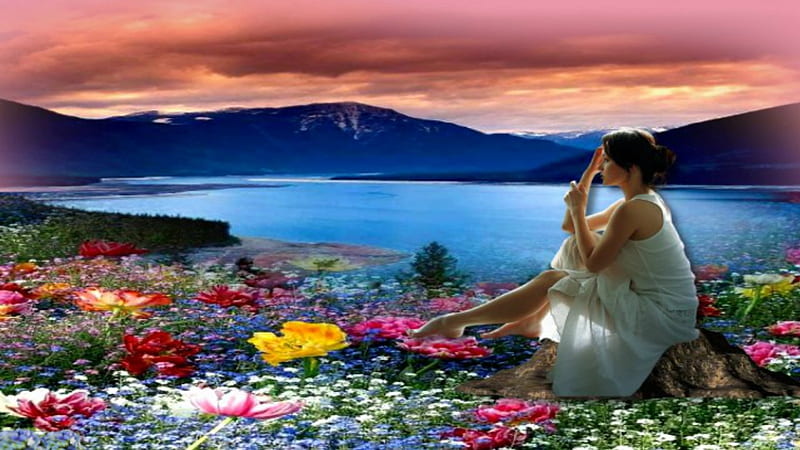 ~*~ Sweet Spring ~*~, flowery fields, spring lake, loneliness, Spring, lake, HD wallpaper
