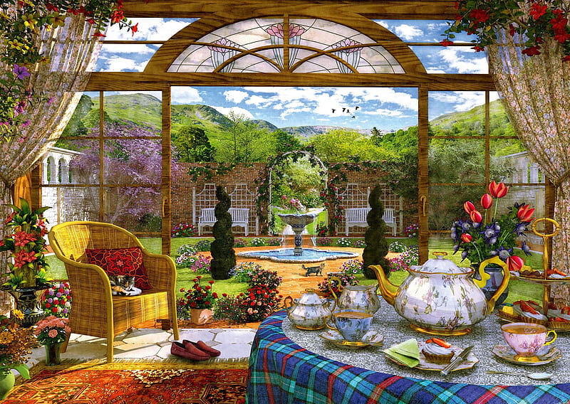 View of the conservatory, art, teapot, dominic davison, conservatory, painting, cup, pictura, HD wallpaper