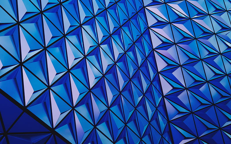 3D blue texture, geometric blue texture, 3D triangles, 3D building facade, blue background, HD wallpaper