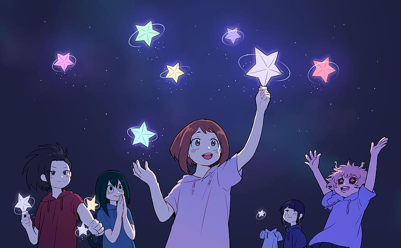 Anime, Stars, Night, Smile, Blush, My Hero Academia, Ochaco Uraraka, Mina Ashido, Momo Yaoyorozu, Kyōka Jirō, Tsuyu Asui, Toru Hagakure, HD wallpaper