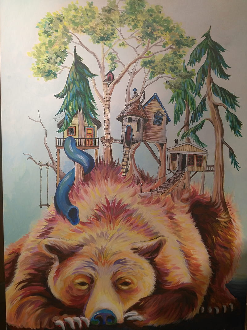 Bear Park, art, playground, house, slide, tree, HD phone wallpaper