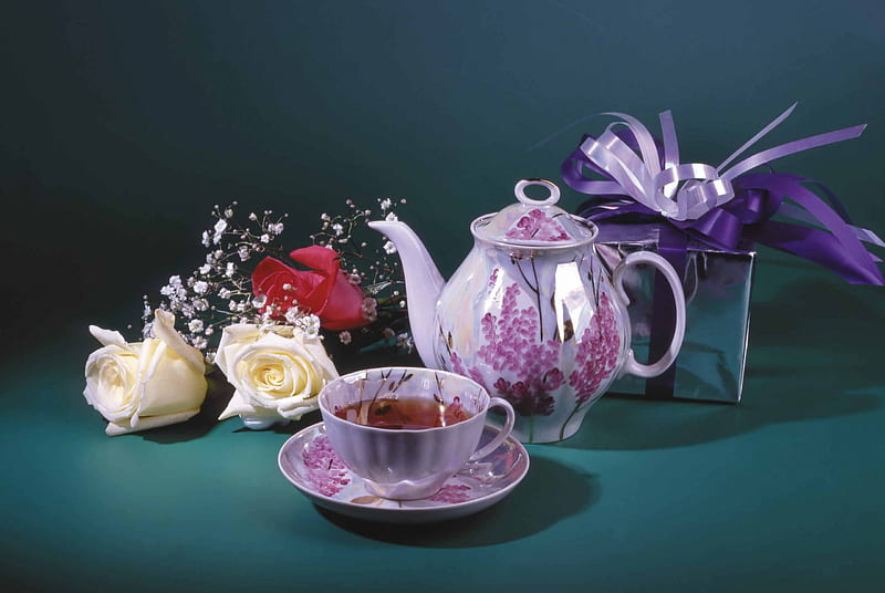 Time for Tea, teapot, flowers, cup, tableware, porcelain, HD wallpaper