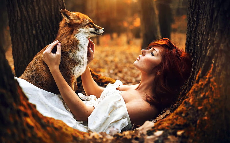 Red Headed Woman With Red Fox, Forest, Red Headed, Tree, Woman, Red Fox, Autumn, HD wallpaper