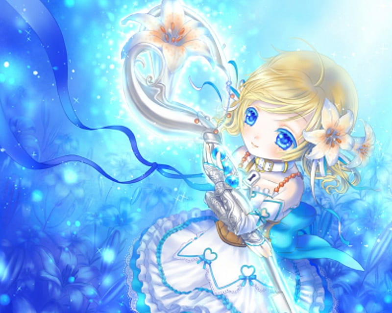 Magical Fantasia, staff, pretty, adorable, magic, women, sweet, floral, love, anime, flowers, beauty, anime girl, weapon, long hair, lovely, amour, blonde, cute, white, maiden, glow, divine, shine, adore, bonito, sublime, woman, blossom, hot, blue eyes, light, blue, gorgeous, female, wand, exquisite, rod, blonde hair, kawaii, girl, flower, precious, magical, lady, angelic, HD wallpaper