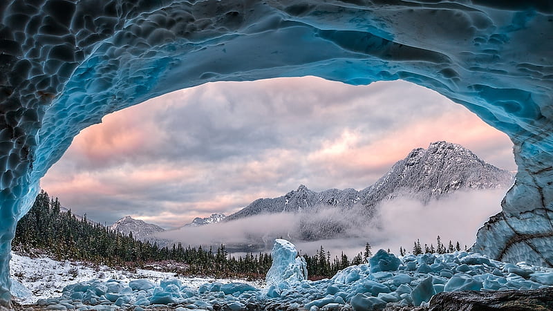 mountains beyond ice cave in winter, mountains, ice, clouds, cave, winter, HD wallpaper