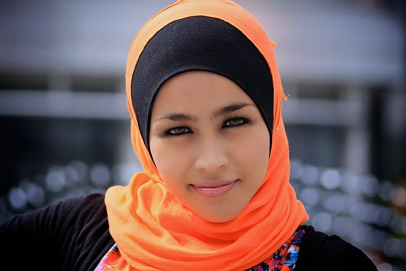 The Orange Hijab, muslim, orange, islam, women, HD wallpaper