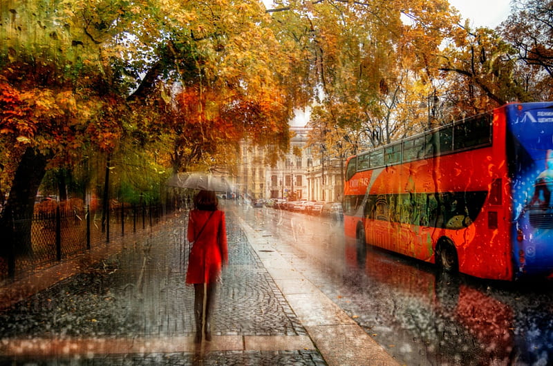 Walkin' In The Rain, autumn, city, leaves, umbrella, woman, street, bus, HD wallpaper