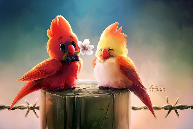 Cute Birds Romance , birds, artist, love, artwork, digital-art, HD wallpaper
