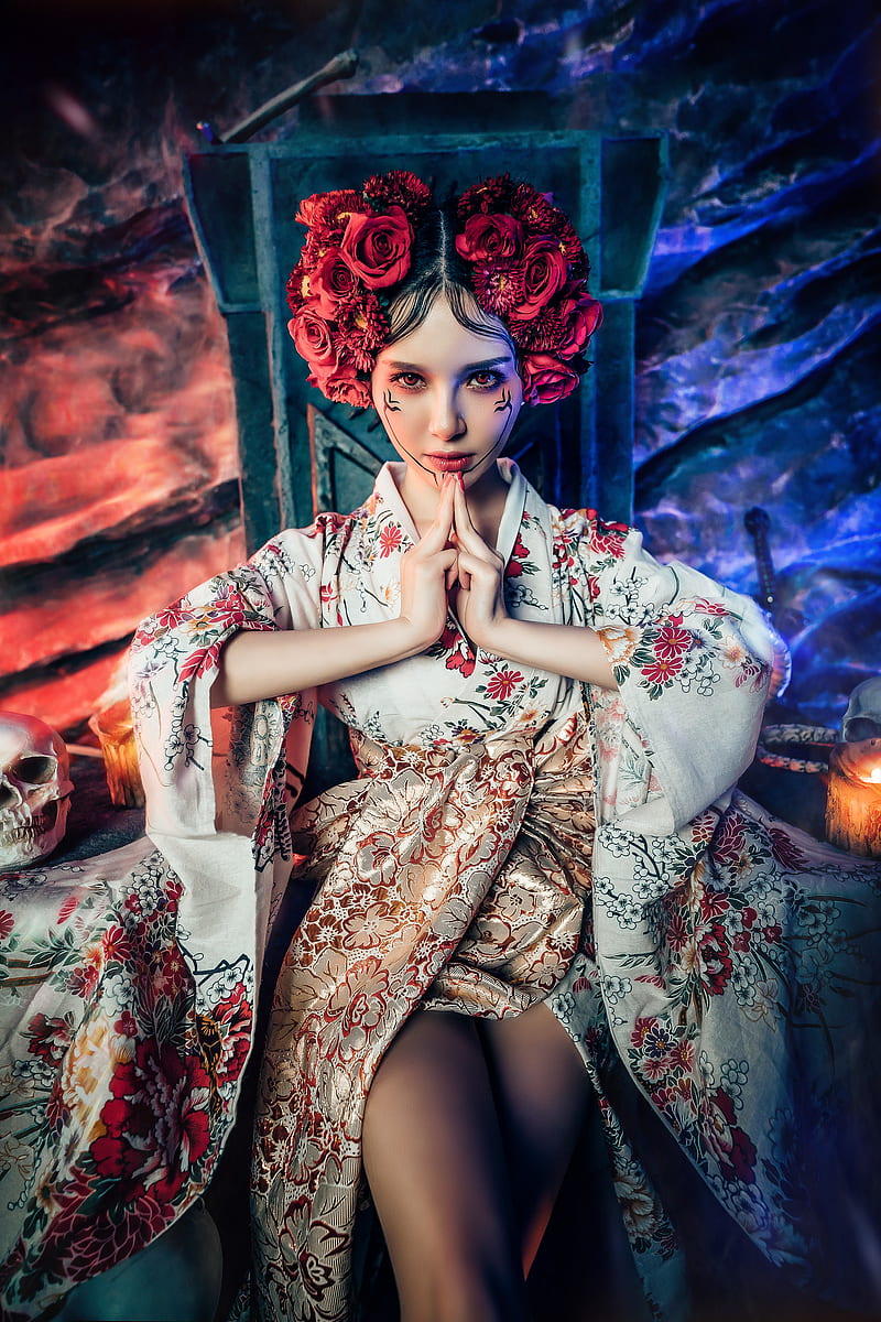 Asian, women, model, sitting, looking at viewer, flower crown, dark hair, red eyes, makeup, legs, red lipstick, painted nails, kimono, HD phone wallpaper