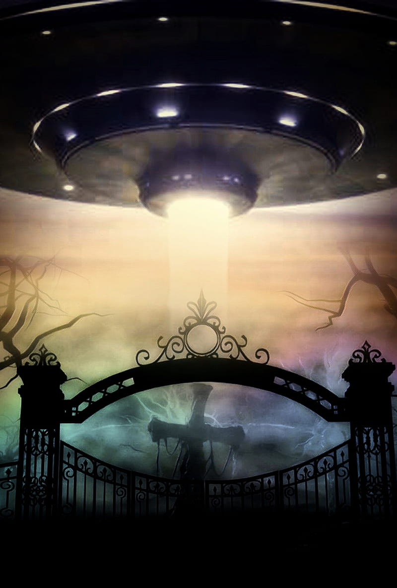 Collection, alien, beam, cemetary, gate, grave ufo, night, HD phone wallpaper