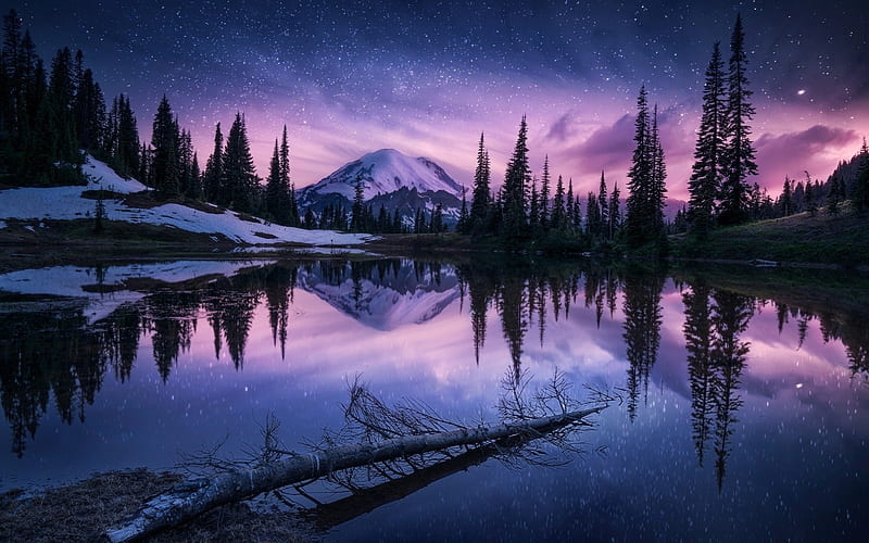 Reflection, Mountains, Sky, Lake, Tree, Sunrise, Sunset, Stars, Water, Night, HD wallpaper