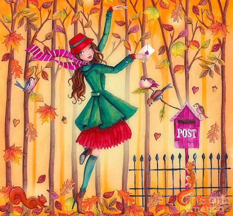 Autumn Letter, colorful, fall season, draw and paint, autumn, love four seasons, leaves, girl, letters, weird things people wear, autumn-letter, mailbox, HD wallpaper