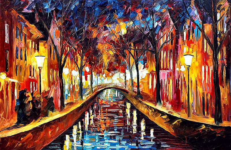 Amsterdam Fascinating Evening, architecture, Netherlands, Amsterdam, bonito, artwork, stores, bridge, Holland, painting, wide screen, shops, river, scenery, art, cityscape, Afremov, water, HD wallpaper