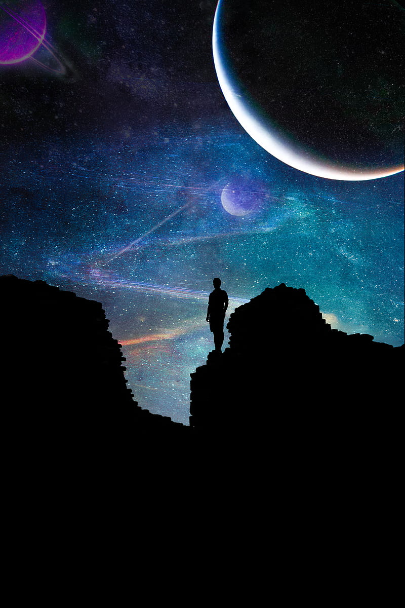 silhouette, dark, space, rocks, starry sky, HD phone wallpaper
