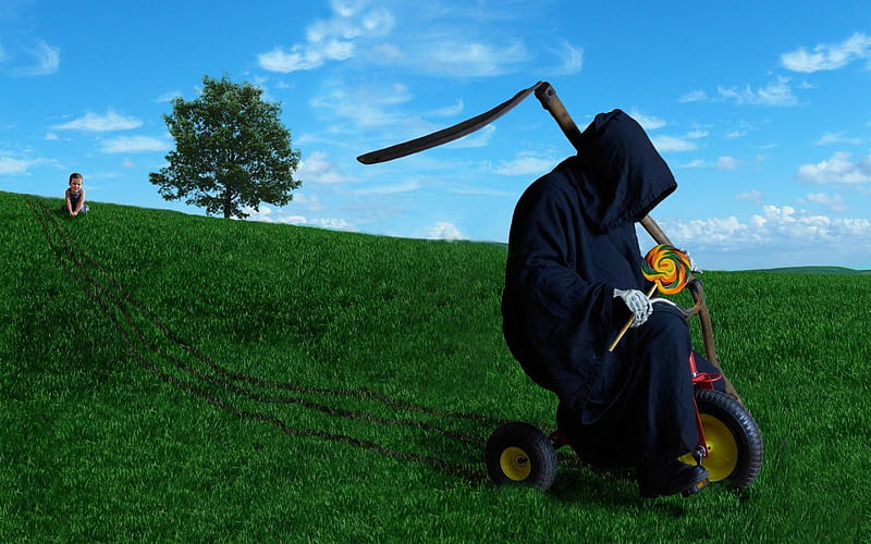 hard work, tree, tricycle, reaper, rider, lawn, baby, HD wallpaper