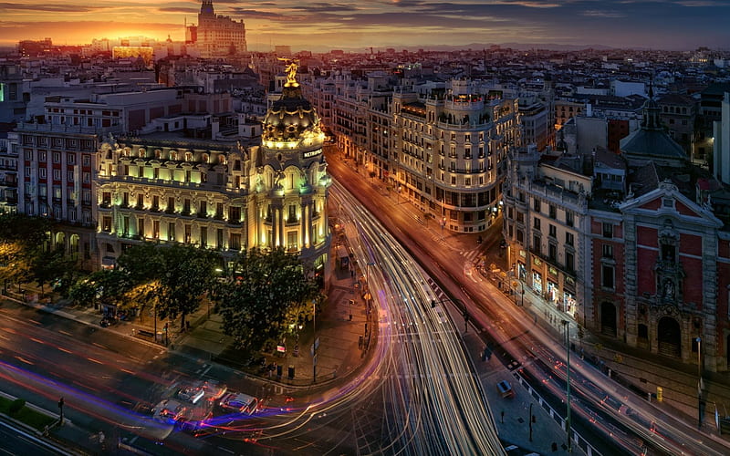 Madrid, night, Metropolis, city lights, street, Spain, HD wallpaper