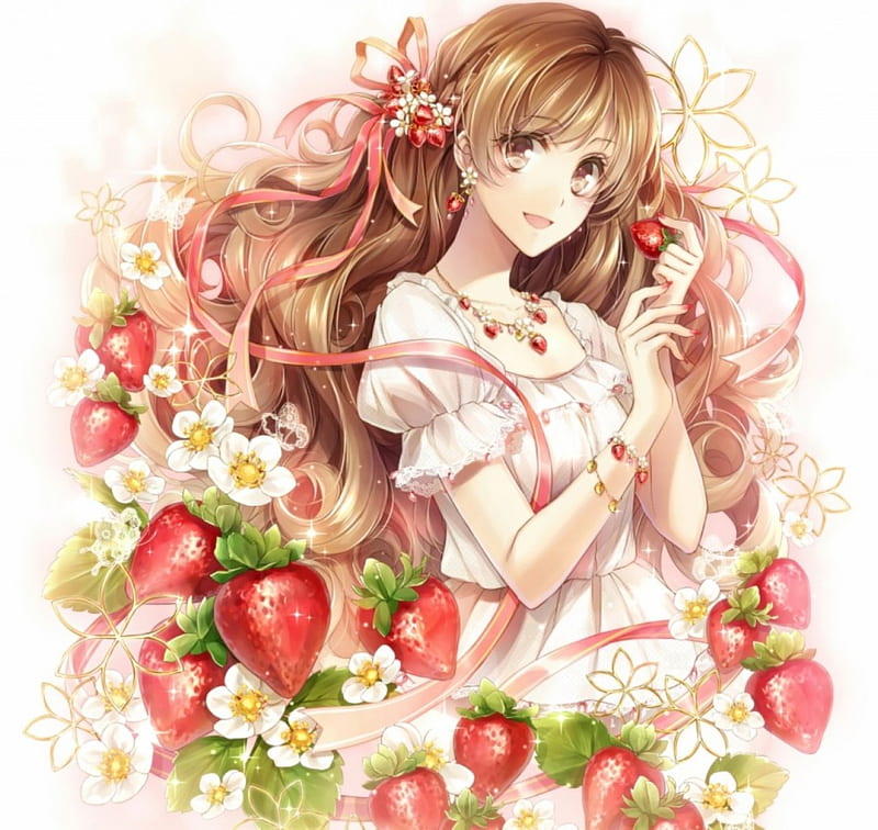 Strawberries, red, lovly, pretty, dress, ribbons, woman, fruit, anime, flowers, beauty, anime girl, long hair, pink, art, female, lovely, brown hair, soft, girl, lady, white, HD wallpaper