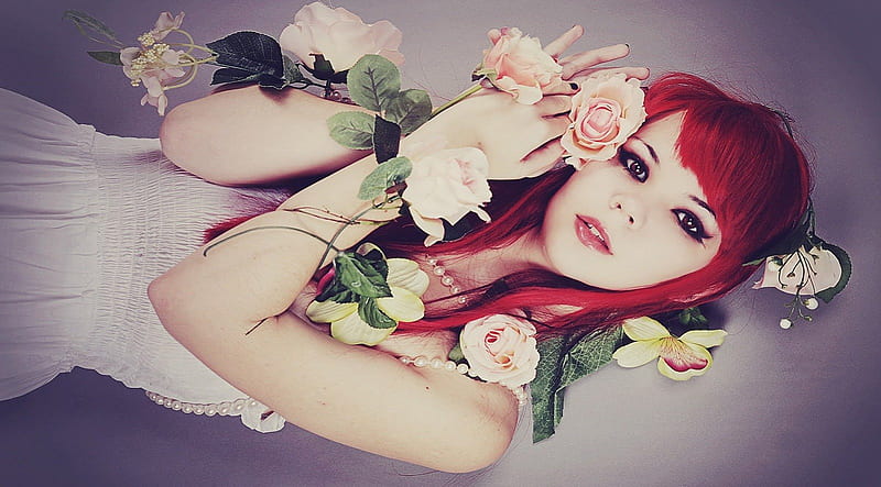 Jeune fille, roux, fille, flower, rose, HD wallpaper