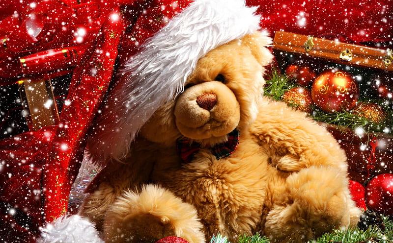 Christmas teddy bear, teddy, bear, adorable, sweet, holiday, christmas, decoration, toy, gift, winter, hat, cute, santa, balls, snow, snowflakes, snowfall, HD wallpaper