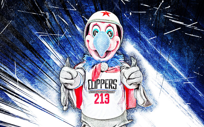 Chuck the Condor, grunge art, mascot, Los Angeles Clippers, NBA, creative, USA, Los Angeles Clippers mascot, blue abstract rays, NBA mascots, official mascot, Chuck the Condor mascot, LA Clippers, HD wallpaper