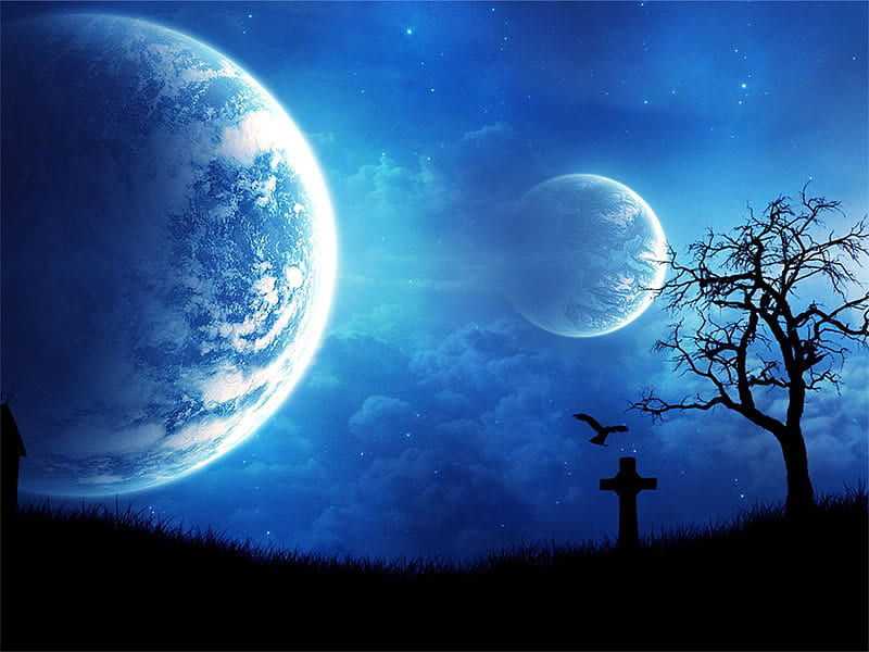 Blue Moon Reflection, tree, moon, cross, sky, HD wallpaper