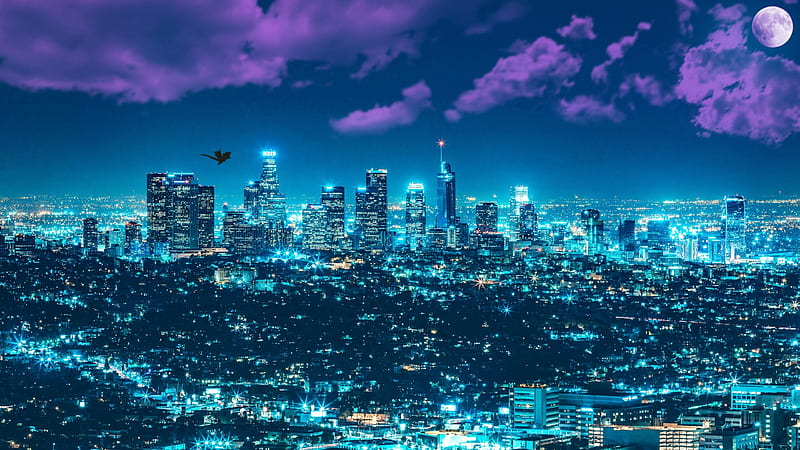 Los Angeles by night, moon, luminos, cityscape, buildings, lights, moon, fantasy, pink, blue, night, HD wallpaper