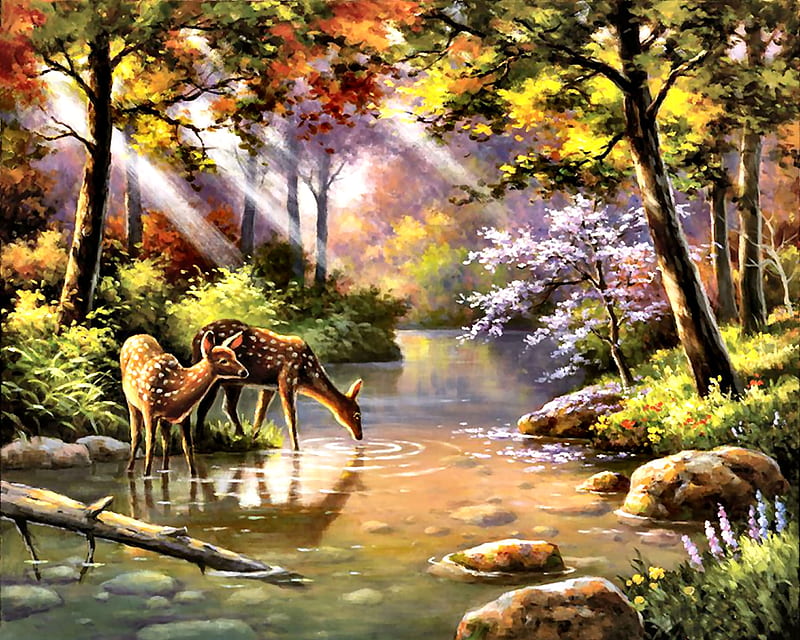 Doe Re Me Creek F, art, bonito, creek, illustration, artwork, deer, animal, doe, water, painting, wide screen, wildlife, nature, HD wallpaper