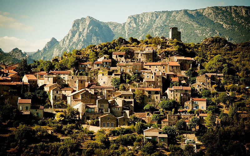 France, town, mountains, houses, summer, HD wallpaper