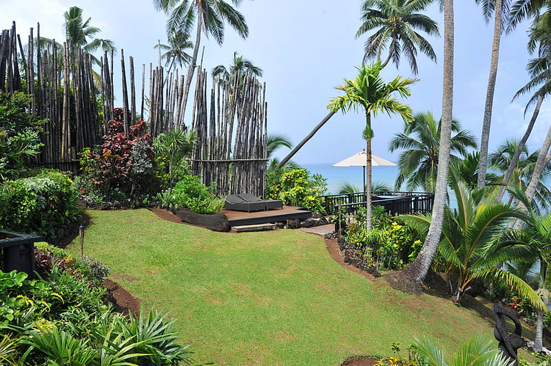 Garden in Fiji, polynesia, grass, palm, sea, bamboo, beach, lagoon, green, exotic, islands, view, ocean, pacific, trees, south, paradise, garden, island, tropical, fiji, HD wallpaper