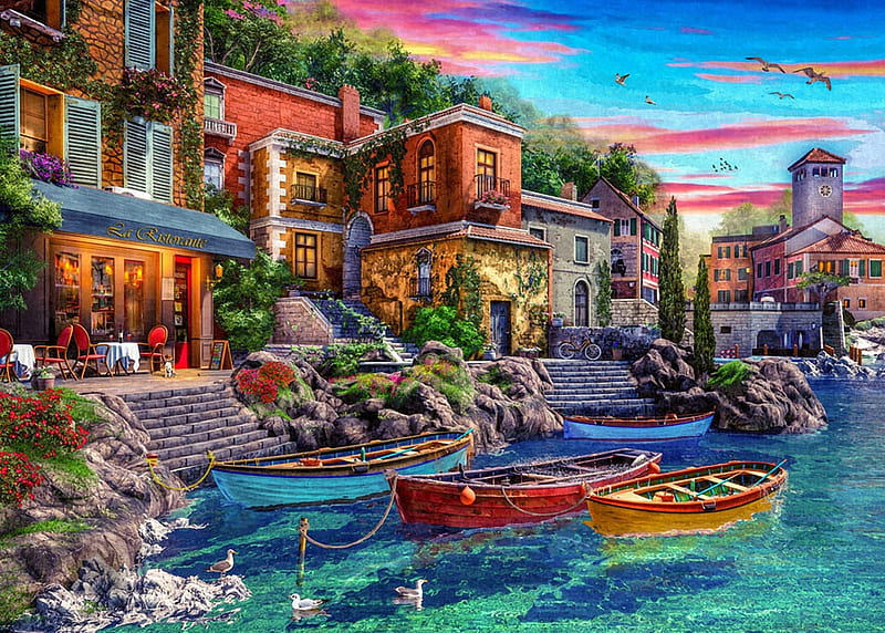 Como Sunset, boats, houses, digital, villagio, lake, artwork, italy, HD wallpaper